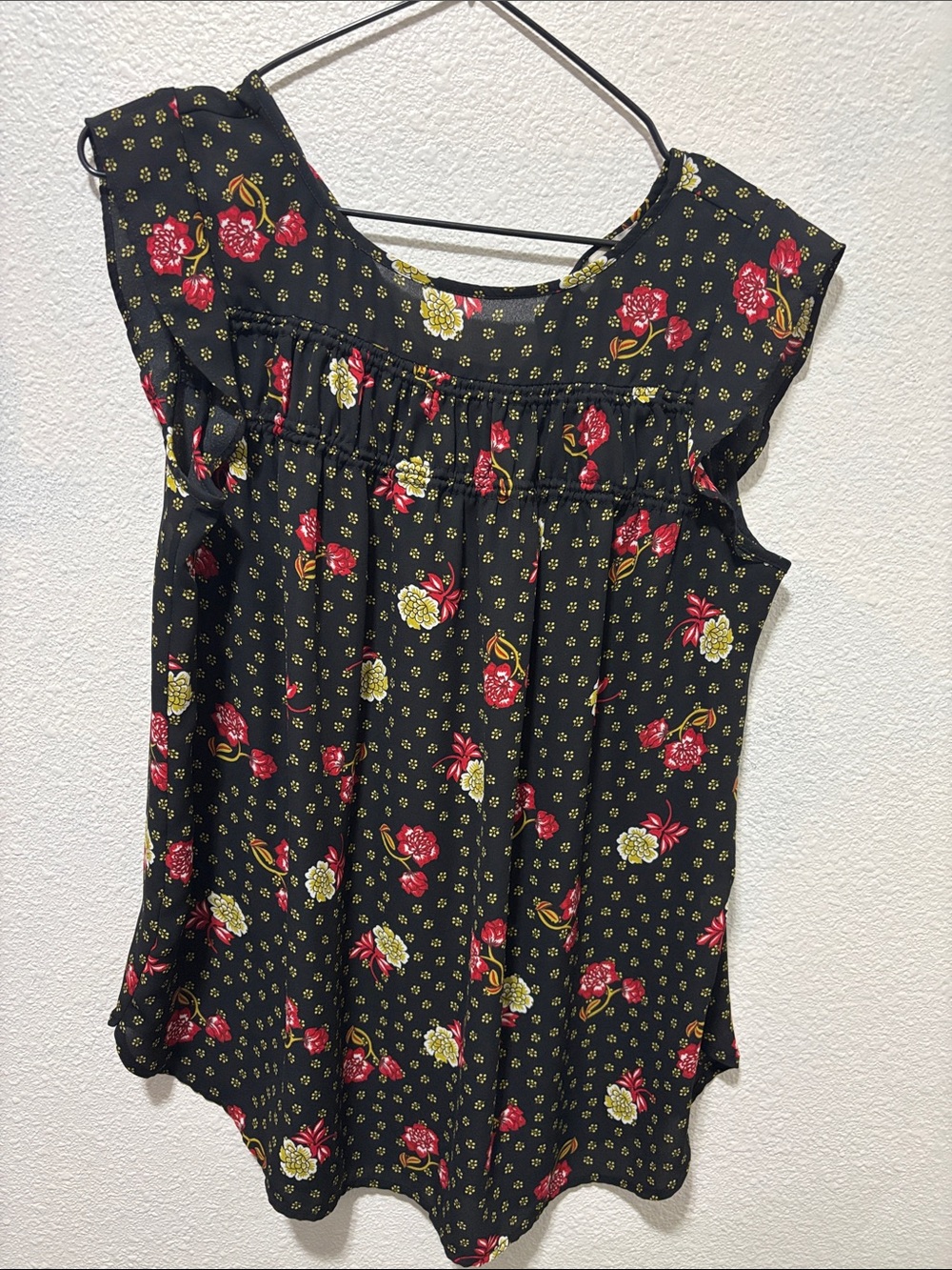 LOFT Black Floral Sleeveless Camisole with Red & Cream Flowers